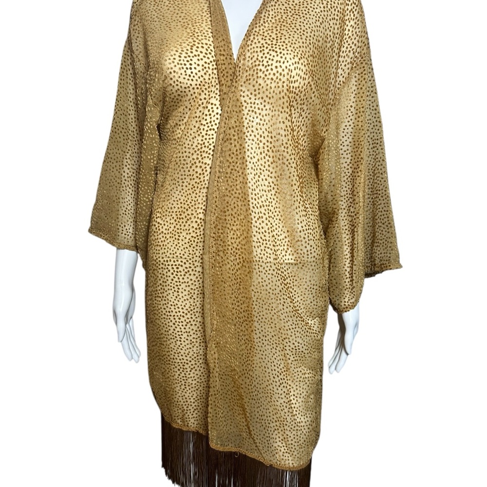 Gold Kimono with Fringe Velvet Dotted Open Topper OS